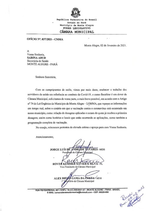 Câmara Municipal de Monte Alegre solicita informações sobre o cenário da vacinação contra o coronavírus