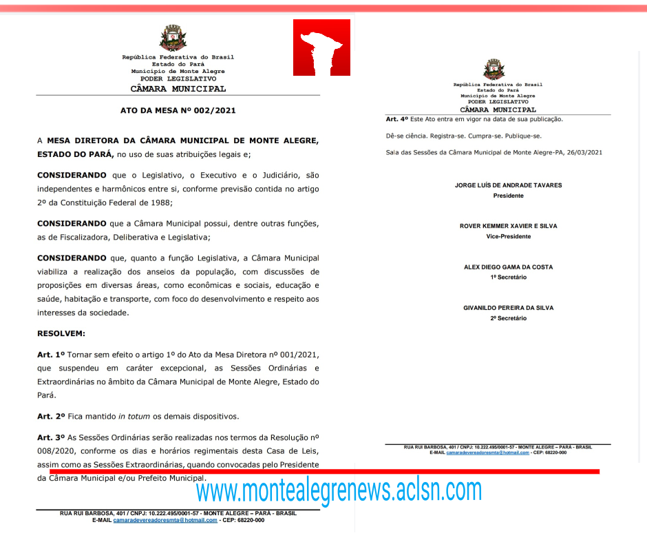Câmara Municipal de Monte Alegre torna sem efeito Ato da Mesa Diretora n° 001/2021 que suspendeu os trabalhos na casa legislativa