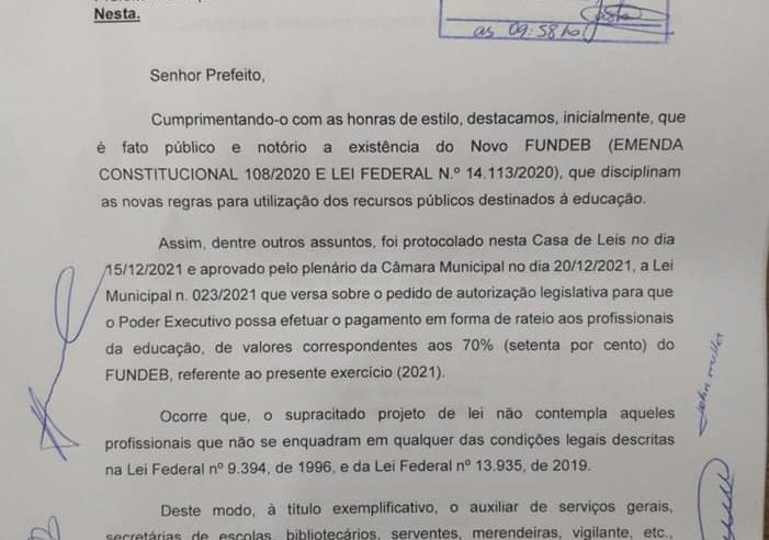 Solicitação de Rateio para todos os Profissionais da Educação do FUNDEB partiu da Câmara Municipal de Monte Alegre conforme Ofício nº 107/2021