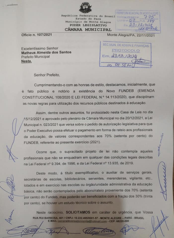 Solicitação de Rateio para todos os Profissionais da Educação do FUNDEB partiu da Câmara Municipal de Monte Alegre conforme Ofício nº 107/2021