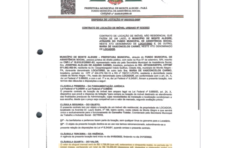 DENÚNCIA I EX-SECRETÁRIA DA SETRINS, JOSEFINA CARMO, ALUGOU CASA DA SOGRA PARA SEDE DO CONSELHO TUTELAR EM CONTRATO DE DISPENSA DE LICITAÇÃO